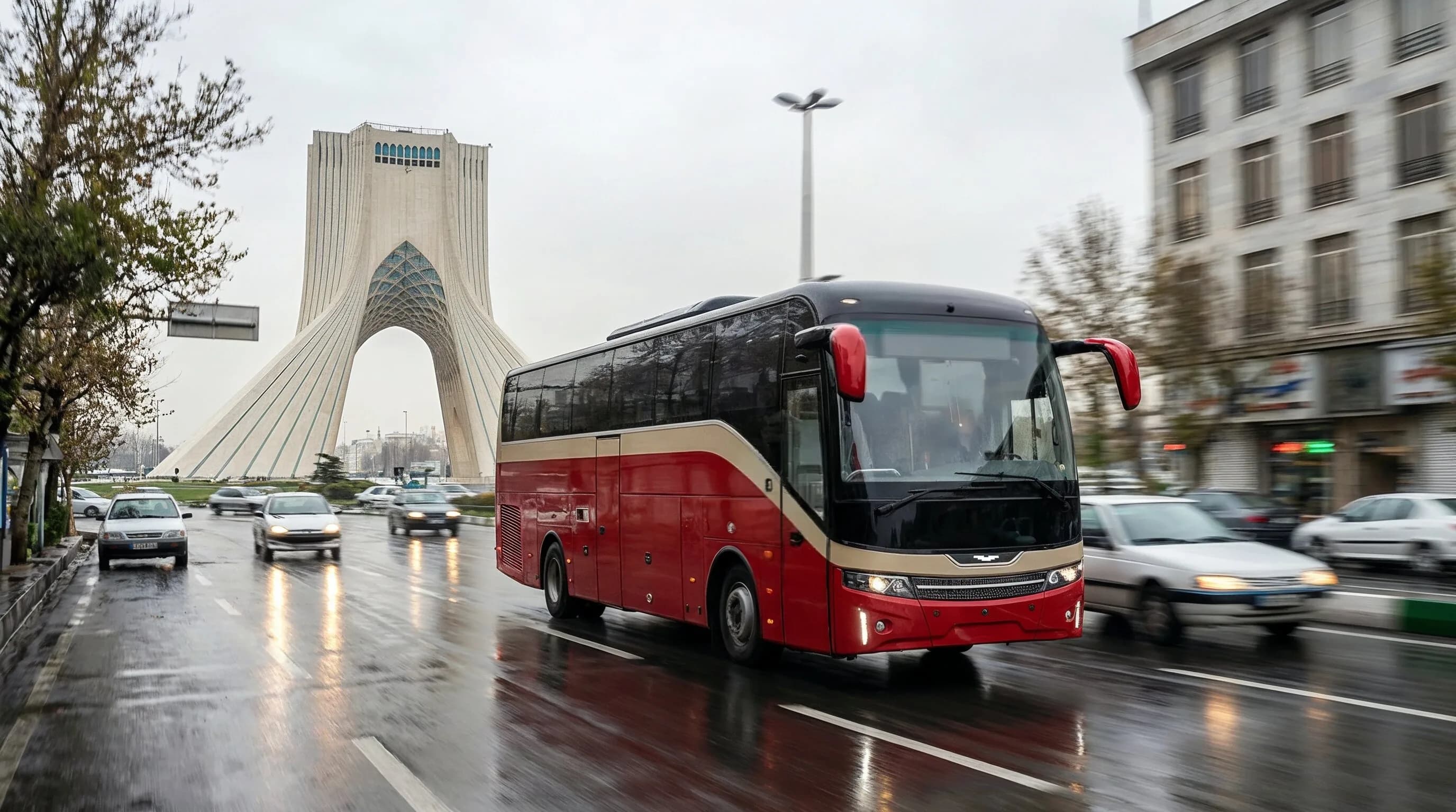 The Qoqnous intercity coach captured in motion on the open road